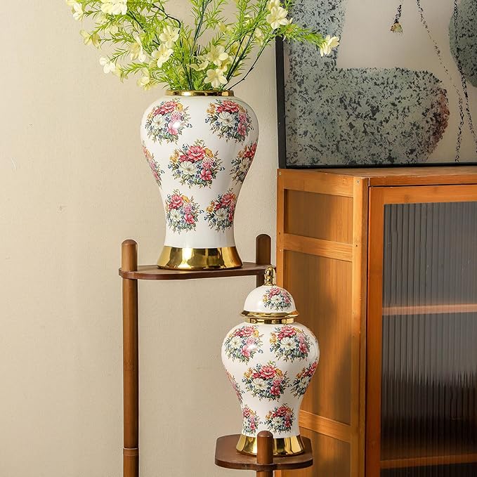 Ginger Jars for Home Decor, White Gold Ceramic Vase with Colorful Floral Pattern, Handmade Decorative Flower Vase with Lid for Home, Kitchen, Office, Table, Bookshelf, Mantle Fireplace,(18in)-HomvellaHome