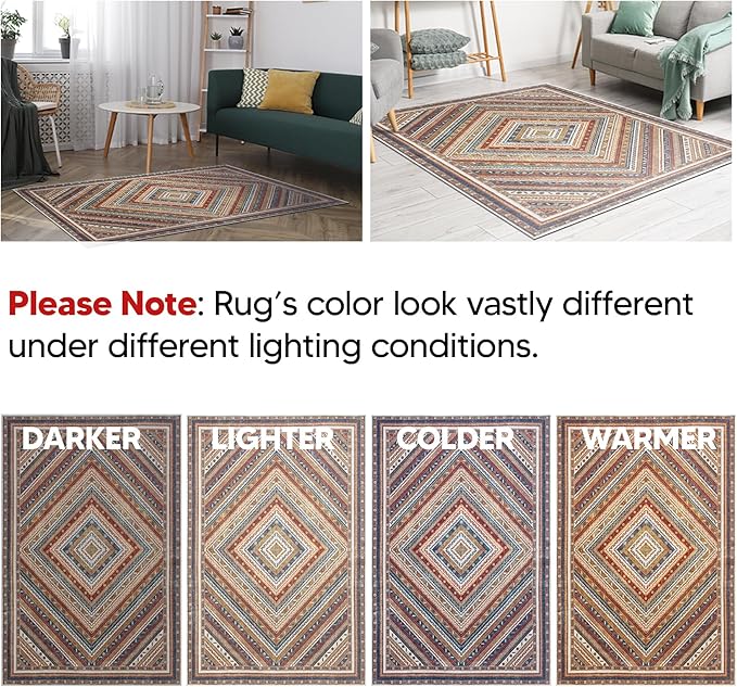 Keen Home Design 8x10 Rug - Machine Washable Area Rug with Non-Slip Backing, Ideal for Living Room, Dining Room, Bedroom - Vintage, Easy Clean, Durable, Low Pile Rug - (8' x 10')