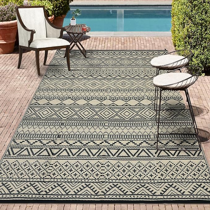 GAOMON Outdoor Rug Waterproof 8'x10', Reversible Outdoor Plastic Straw Rug, Boho Patio Rug, Indoor Outdoor Carpet, RV Mat Outside for Patio, Camp, Picnic, Balcony, Deck, Black/Coffee(Bohemia)-HomvellaHome