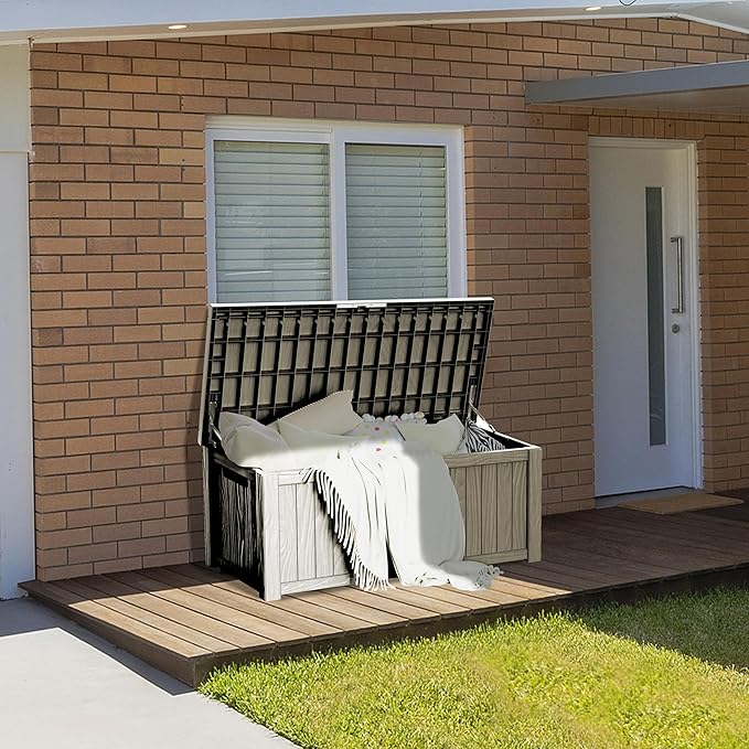 150 Gallon Lockable Resin Deck Box, Waterproof & UV-Resistant Outdoor Storage Box for Outdoor Cushion Storage, Garden Tools & Pool Accessories Storage, Gray-HomvellaHome