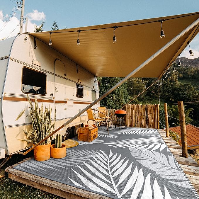GENIMO Outdoor Rug 10' x 20' Waterproof for Patios Clearance, Reversible Outdoor Plastic Straw Camping Rug Carpet, Large Area Rugs Mats for RV, Camper, Deck, Balcony, Porch, Beach, Picnic, Grey&White-HomvellaHome