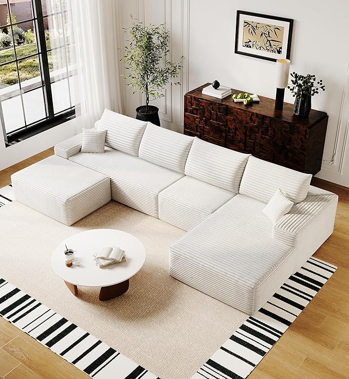 136" Sectional Couches for Living Room Modern Modular Sofa with L-Shape Couchs Upholstered Boneless Couch Deep Seat Sectional Couch with Chaise (White, Right Facing Chaise+3Seaters+Ottoman)-HomvellaHome