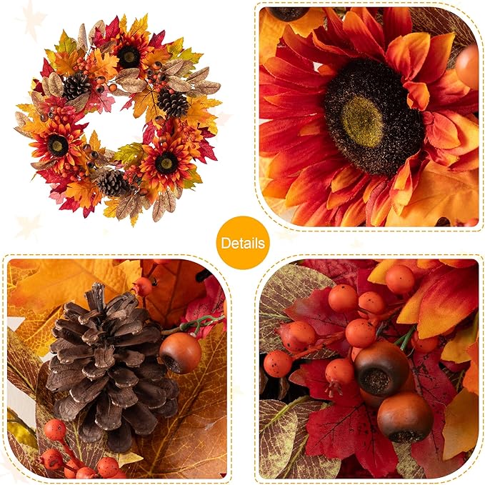 Glitzhome 24''D Fall Wreath with Hanger, Artificial Autumn Wreath for Front Door with Sunflower, Pinecone and Berry, Harvest Wreaths Decor for Indoor Outdoor Holiday Decoration-HomvellaHome