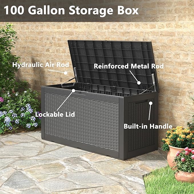 100 Gallon Deck Box Lockable Resin Outdoor Storage Box waterproof Outdoor Container for Patio Furniture Cushions, Pillow-HomvellaHome