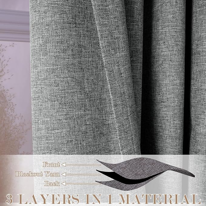 100% Blackout Linen Textured Drapes for Bedroom Pinch Pleated Curtains for Track System Portable Drapery for Sliding Glass Door/Storage/Space Room Divider, 70" Wx102 L, 1 PC, Mid Grey-HomvellaHome