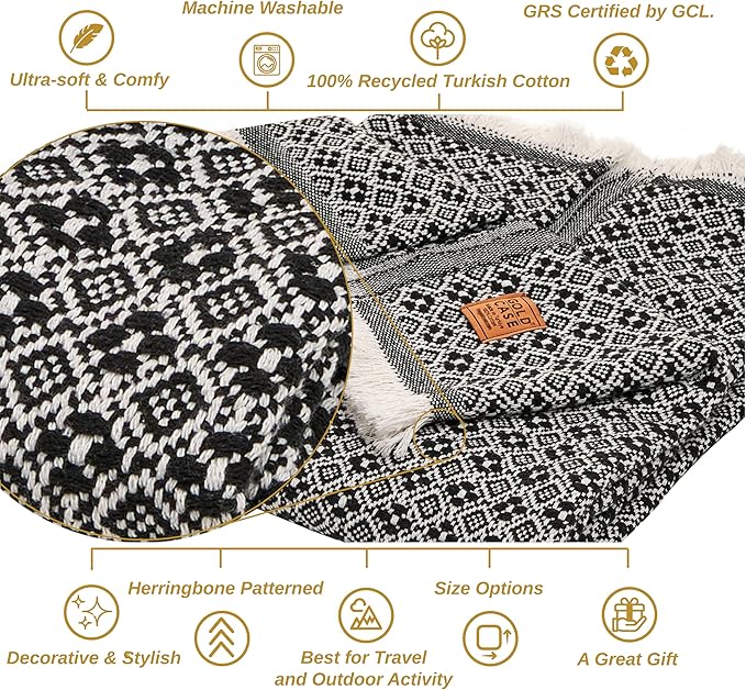 Gold Case Throw Blanket for Couch - 100% Recycled Turkish Cotton Blankets & Throws - Retro Soft Throw Blankets for Living Room Sofa - Boho Decorative Woven Throws for Couch - 60x80 - Black-HomvellaHome
