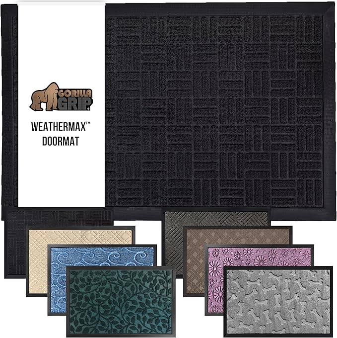 GORILLA GRIP 100% Waterproof All-Season WeatherMax Doormat, 47x35, US Designed Natural Rubber, Stain and Fade Resistant, Low Profile Indoor Outdoor Door Mats, Easy Clean Patio Mat, Midnight Maze-HomvellaHome