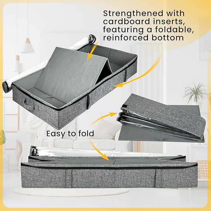Gray Low Profile Under Bed Storage Containers 5 inches high, 33.8"x 17.7"x 5.1", Sturdy Underbed Shoe Storage Organizer, Foldable Fabric Under the Bed Storage Bins - Pack of 2-HomvellaHome