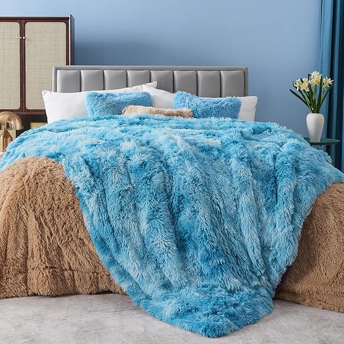 GONAAP Fuzzy Faux Fur Throw Blanket Queen Size Tie-dye Ocean Blue Super Soft Cozy Plush Fuzzy Shaggy Blanket for Couch Sofa Bed (Tie-dye Ocean Blue, Queen(90"x90"))-HomvellaHome