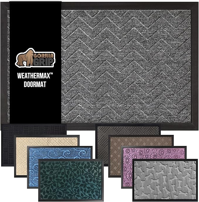 GORILLA GRIP 100% Waterproof All-Season WeatherMax Doormat, 34x58, US Designed Natural Rubber, Stain and Fade Resistant, Low Profile Indoor Outdoor Door Mats, Easy Clean Patio Mat, Steel Chevron-HomvellaHome