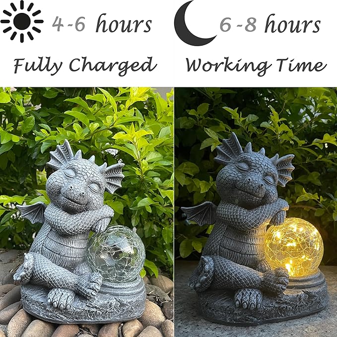 Garden Dragon Figurine Solar Powered Outdoor Cute Dragon with Hold Glowing Glass Ball Resin Sculpture for Porch Patio Lawn Farm Yard Home Decoration Gift for Women Housewarming-HomvellaHome
