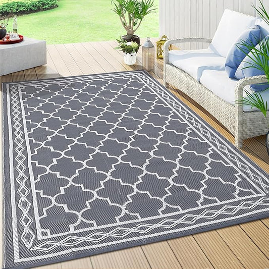 GAOMON Reversible Outdoor Rug 9'x18' Waterproof Plastic Straw Rug, Patio Rug, Large Modern Area Rug Carpet, Indoor Outdoor Rugs for Camping, Porch, Deck, Balcony, Backyard, Grey/White(Geometric)-HomvellaHome