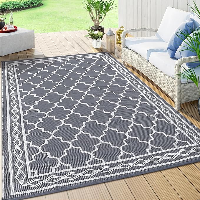 GAOMON Outdoor Rugs Patio Camping Waterproof Rug 6'x9' Plastic Straw Patio Rug Portable for Campers, Outside RVs Mat for Patios Clearance, Backyard Porch, Balcony, Grey/White(Geometric)-HomvellaHome