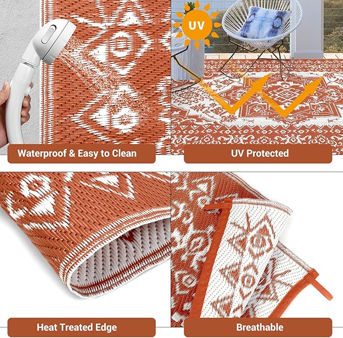 GAOMON Outdoor Rugs for Patio 8x10 Waterproof Reversible Plastic Straw Rug, Large UV-Resistant Portable RV Camping Mats, Indoor Outdoor Medallion Carpet for Outside Deck Porch Garden, Red & White-HomvellaHome