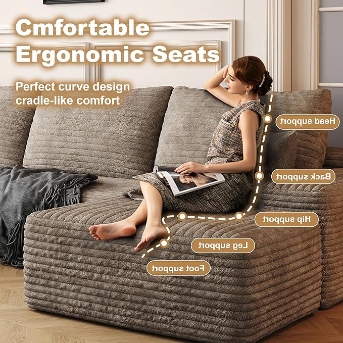 108" Sectional Couches for Living Room Modern Modular Sofa with L-Shape Couchs Upholstered Boneless Couch Deep Seat Sectional Couch with Chaise (Camel, Left Facing Chaise+2Seaters+1Ottoman)-HomvellaHome