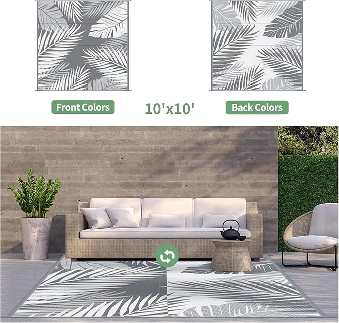 GENIMO Outdoor Rug 10' x 10' Waterproof for Patios Clearance, Reversible Outdoor Plastic Straw Camping Rug Carpet, Large Area Rugs Mats for RV, Camper, Deck, Balcony, Porch, Beach, Picnic, Grey&White-HomvellaHome
