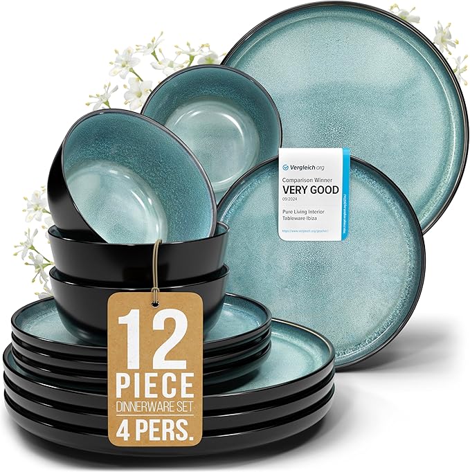 12 Piece Dinnerware Sets for 4 - Modern Style Stoneware Dinnerware Set - Scratch Resistant, Dishwasher Safe Plates and Bowls Sets Ceramic, Dish Set, Bowl and Plate Set - Black and Petrol Blue…-HomvellaHome