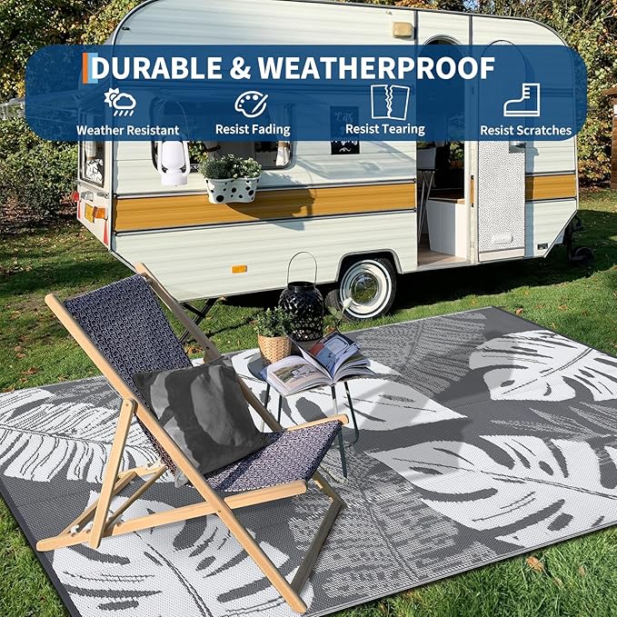 GAOMON Outdoor Rug 9x18 Waterproof Patio Rugs Reversible Outdoor Plastic Straw Rug Camping Mat, Foldable Portable RV Picnic Carpet with Bag & 4 Stakes, UV Resistant Carpet for Deck Balcony, Grey-HomvellaHome