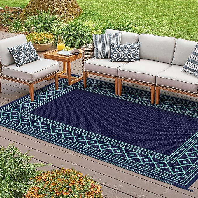 GENIMO Outdoor Rug Waterproof 5'x8' for Patio, Foldable Reversible Plastic Straw Carpet for Travel Trailers, Outside Area Mat for Rv, Deck, Picnic, Porch, Balcony, Beach, Navy Blue & Jade Green-HomvellaHome