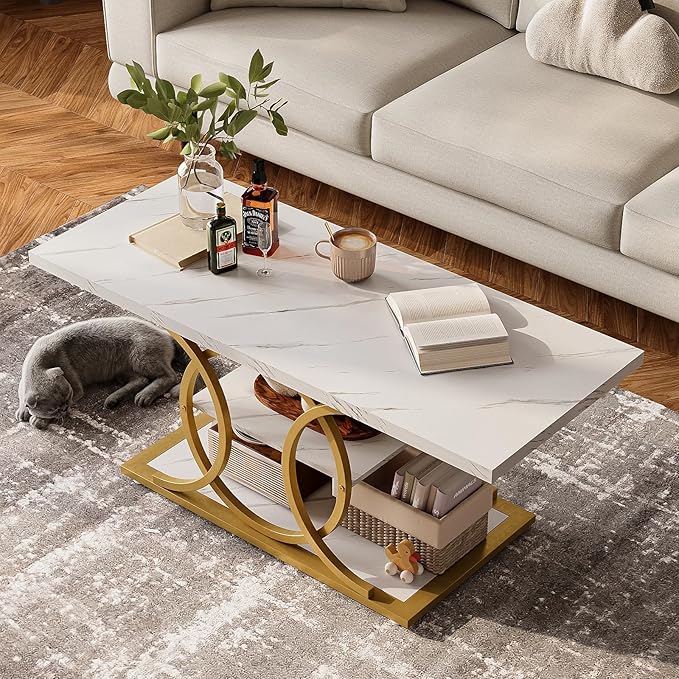 GiftGo Rustic Coffee Table with Storage Modern 3 Tier Center Living Room Table Faux Marble Wooden Rectangle Cocktail Tea Table for Office Bedroom Elegant Full Moon Design (White Gold, L-47)-HomvellaHome