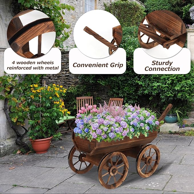 Garden Wooden Decor Rustic Flower Pot,Planters Wagon Indoor Outdoor Backyard Balcony Decor,for Outside Garden Decor Wheelbarrow Planter for Patio (Wooden Wagon with Light)-HomvellaHome