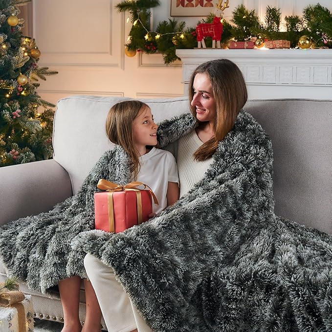 GONAAP Fuzzy Faux Fur Throw Blanket Twin Size Frosty Black Super Soft Cozy Plush Fuzzy Shaggy Blanket for Couch Sofa Bed (Frosty Black, Twin(60"x80"))-HomvellaHome