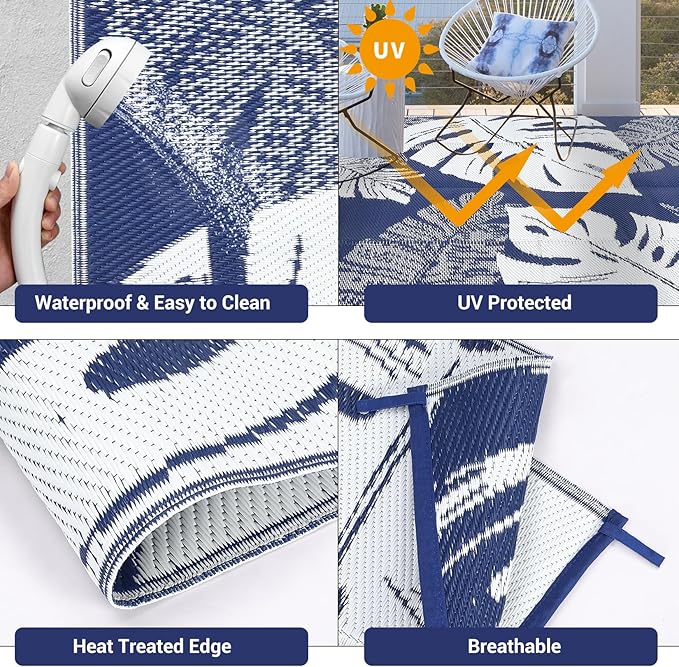 GAOMON Waterproof Plastic Straw Rug 9x12 Outdoor Patio Rugs, Reversible Modern Camping Mat with Bag & Stakes, UV Resistant & Easy to Clean Outdoor Carpet for RV, Deck, Balcony, Blue-HomvellaHome