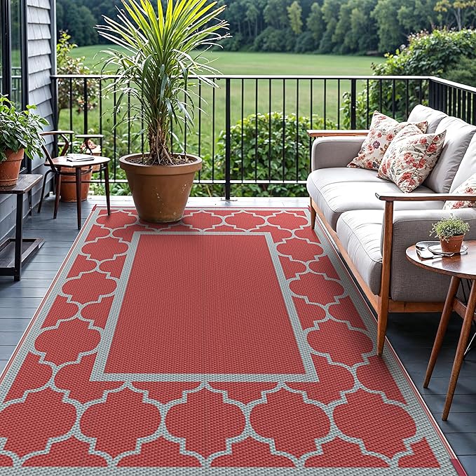 GENIMO 6' x 9' Outdoor Rug Waterproof for Patio Decor, Foldable Reversible Plastic Straw Area Rugs Mat for Camper, Outside Carpet for Rv, Deck, Porch, Picnic, Beach, Balcony, Red & Grey-HomvellaHome
