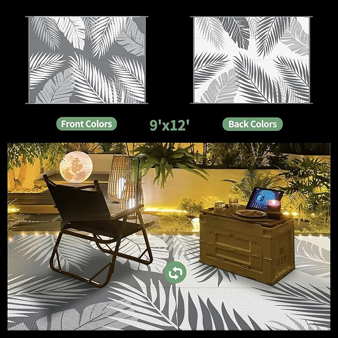 GENIMO Outdoor Rug 9' x 12' Waterproof for Patios Clearance, Reversible Outdoor Plastic Straw Camping Rug Carpet with LED String Light, Area Rugs Mats for RV, Camper, Deck, Balcony, Porch, Grey&White-HomvellaHome