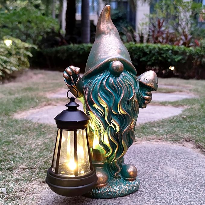 Gnomes Garden Statue Outdoor Décor with Solar Lights Lantern,Gnome Solar Light Figurines Outside Decorations for Yard，Lawn Patio, Balcony, Unique Housewarming Gifts-HomvellaHome