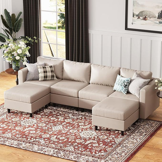 118.5" Oversized Modular Sectional Sofa, Faux Leather 6 Seater U Shaped Couch with Movable Ottoman and Storage Seat with Reversible Chaise Deep Seat for Living Room Whitesand-HomvellaHome