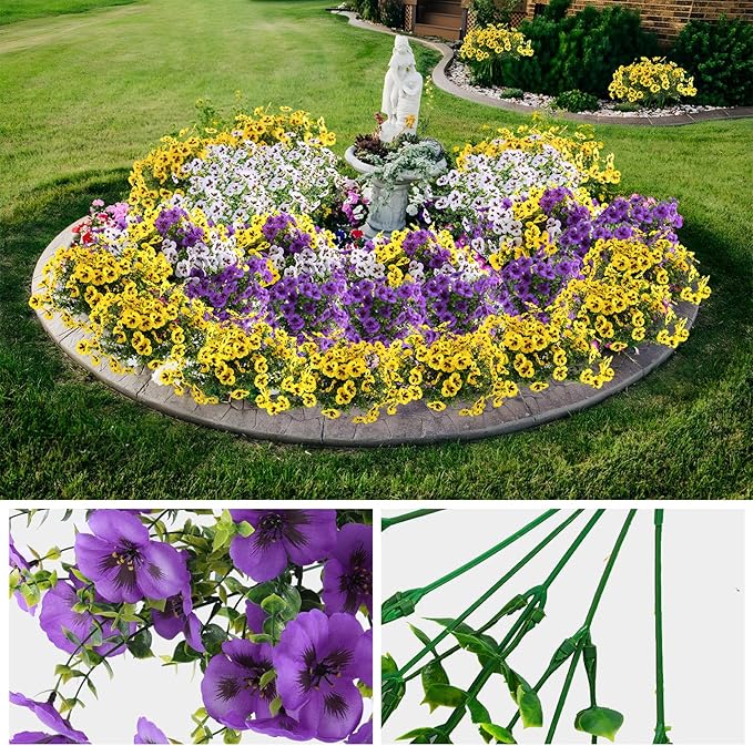 18 Bundles Artificial Fake Pansy Flowers for Outdoor, Faux UV Resistant Silk Pansies Flowers for Outside Planter Front Door Porch Yard Patio Window Box Home Decor (18, Purple, Yellow, White)-HomvellaHome