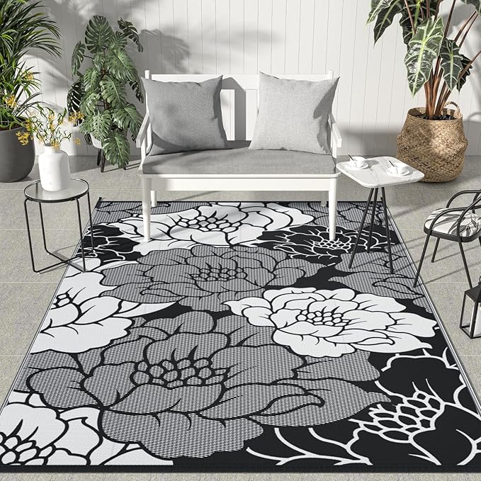 GENIMO Outdoor Rug Waterproof for Patio Decor, 9' x 12' Reversible Plastic Straw Floral Camping Carpet, Large Area Rugs Mats for RV, Camper, Deck, Balcony, Porch, Beach, Picnic, Mix-Black & White-HomvellaHome