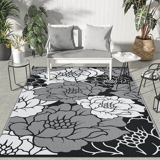 GENIMO Outdoor Rug Waterproof for Patio Decor, 8' x 10' Reversible Plastic Straw Floral Camping Carpet, Large Area Rugs Mats for RV, Camper, Deck, Balcony, Porch, Beach, Picnic, Mix-Black & White-HomvellaHome