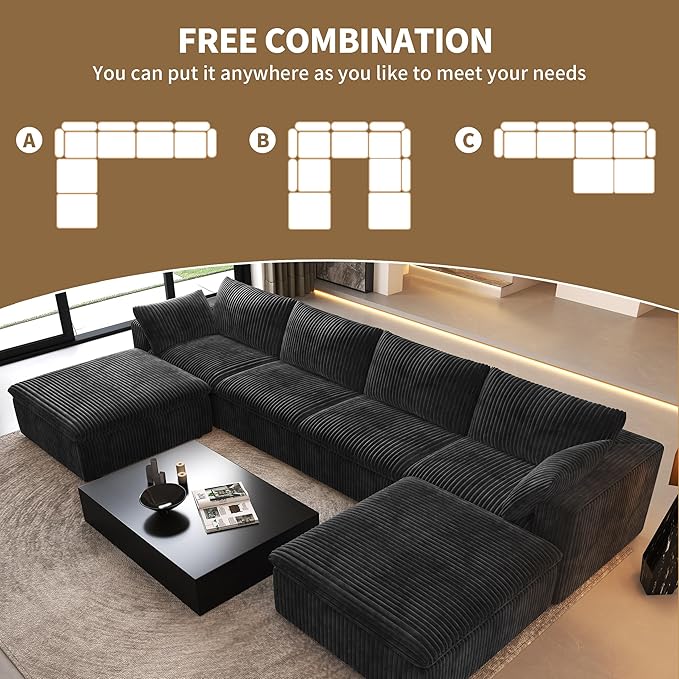 157.5" U Shaped Modern Sofa Modular Sectional Cloud Couch with 2 Ottoman,Deep Seat Upholstered Couches with Corduroy Fabric for Living Room Furniture,Bedroom and Apartment,No Assembly Required,Black-HomvellaHome