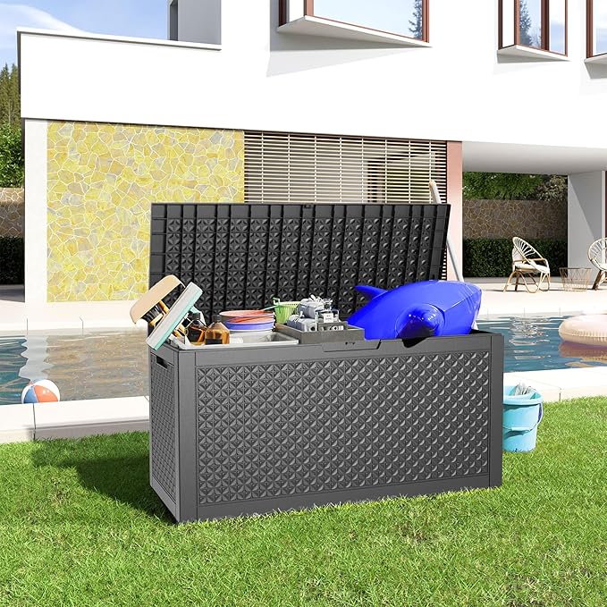 100 Gallon Resin Deck Box, Lockable Patio Outdoor Storage Box for Furniture, Garden Tools and Tools Storage, Waterproof Outside Storage Boxes - Patterned black-HomvellaHome