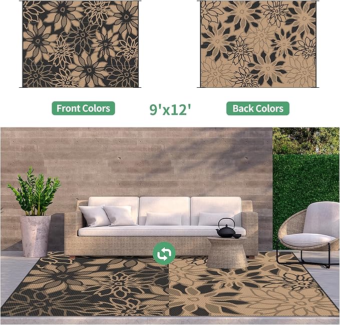 GENIMO Outdoor Rug Waterproof for Patio Decor, 9' x 12' Reversible Plastic Straw Floral Camping Carpet, Large Area Rugs Mats for RV, Camper, Deck, Balcony, Porch, Beach, Picnic, Black & Brown-HomvellaHome