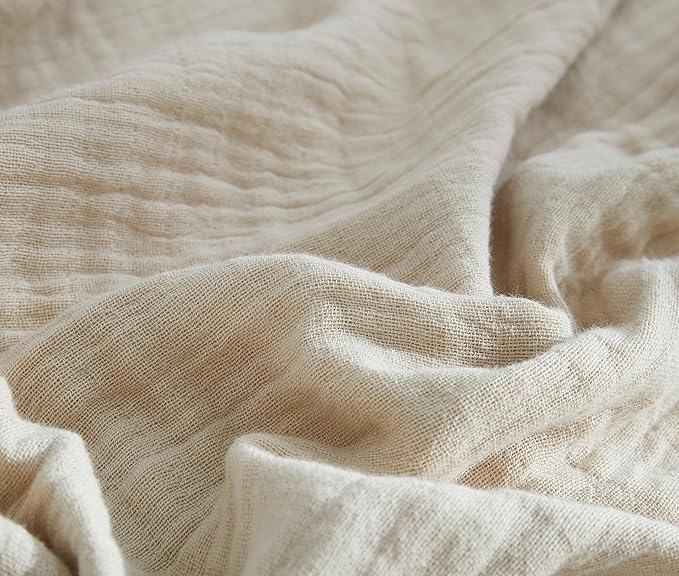 100% Cotton Muslin Throw Blanket for Bed, Couch, Small, Decorative, Soft, Pre-Washed, Breathable and Lightweight Gauze Blanket with Tassels, Suitable for All Seasons, Beige, 50"x60"-HomvellaHome