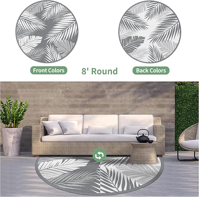 GENIMO Outdoor Rug 8' Round Waterproof for Patios Clearance, Reversible Outdoor Plastic Straw Camping Rug Carpet, Large Area Rugs Mats for RV, Camper, Deck, Balcony, Porch, Beach, Picnic, Grey&White-HomvellaHome