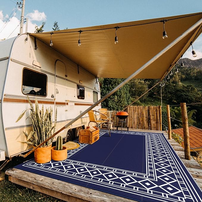 GENIMO Outdoor Rug Waterproof Area 10'x14' for Patio, Foldable Reversible Plastic Straw Carpet for Travel Trailers, Outside Mat for Rv, Deck, Picnic, Porch, Camper, Balcony, Beach, Blue & White-HomvellaHome