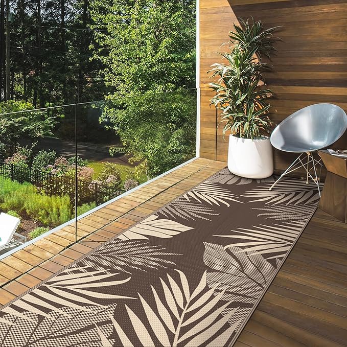 GENIMO Outdoor Rug 2.5' x 8' Waterproof for Patios Clearance, Reversible Outdoor Plastic Straw Camping Rug Carpet, Large Area Rugs Mats for RV, Camper, Deck, Balcony, Porch, Beach, Coffee&Beige-HomvellaHome