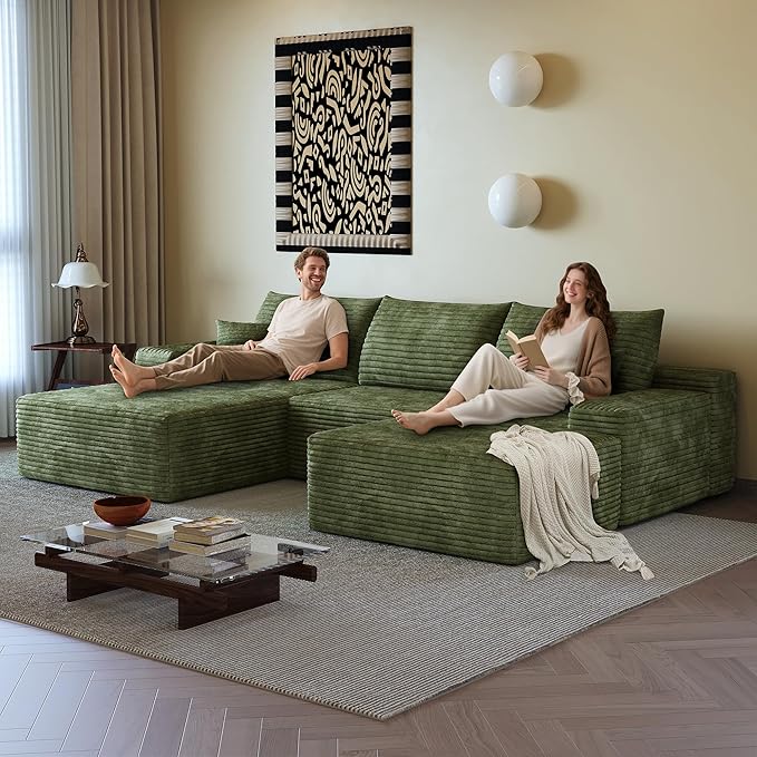 108" Sectional Couches for Living Room Modern Modular Sofa with L-Shape Couchs Upholstered Boneless Couch Deep Seat Sectional Couch with Chaise (Green, Left Facing Chaise+2Seaters+1Ottoman)-HomvellaHome