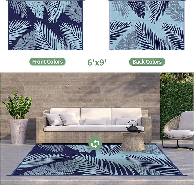 GENIMO Outdoor Rug 6' x 9' Waterproof for Patios Clearance, Reversible Outdoor Plastic Straw Camping Rug Carpet, Large Area Rugs Mats for RV, Camper, Deck, Balcony, Porch, Beach, Navy Blue&Baby Blue-HomvellaHome