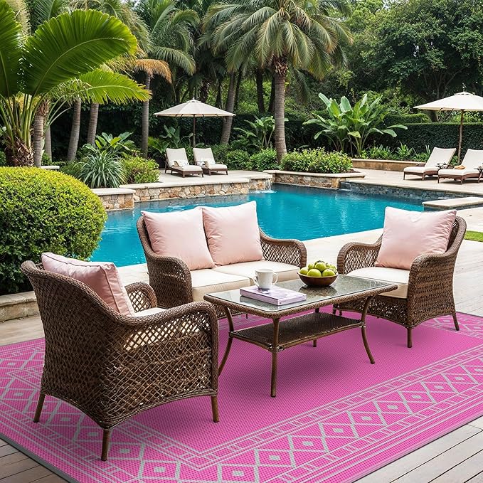 GENIMO Outdoor Rug Waterproof 6'x9' for Patio, Foldable Reversible Plastic Straw Carpet for Travel Trailers, Outside Area Mat for Rv, Deck, Picnic, Porch, Camper, Balcony, Beach, Pink & Grey-HomvellaHome