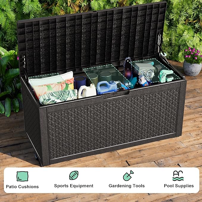 100 Gallon Deck Box Large Outdoor Storage for Patio Furniture,Outdoor Cushions,Garden Tools and Pool Supplies,Waterproof,Resin,Lockable(Black Lozenge)-HomvellaHome