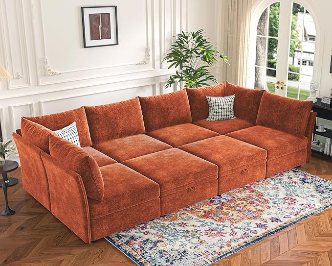 136.4" Oversized Modular Sectional Sleeper Sofa Bed, U Shaped Convertible Couch with Movable Ottoman, Large 8 Seat Corner Couches for Living Room Deep Seat Terracotta Orange Chenille-HomvellaHome