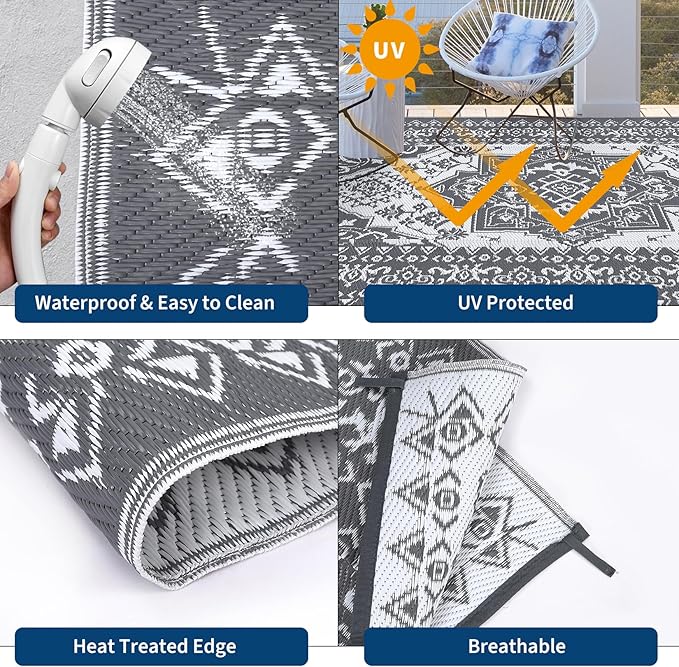 GAOMON Outdoor Patio Rug 9x12 Waterproof Reversible Plastic Straw Rug, Large UV-Resistant Portable RV Camping Mats, Indoor Outdoor Rugs for Outside Deck Porch Garden RV, Gray & White-HomvellaHome