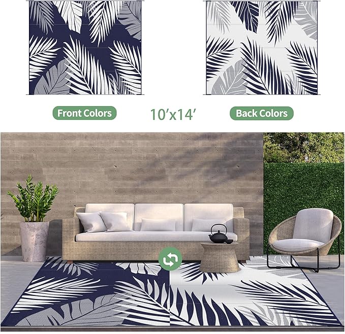 GENIMO Outdoor Rug 10' x 14' Waterproof for Patios Clearance, Reversible Outdoor Plastic Straw Camping Rug Carpet, Large Area Rugs Mats for RV, Camper, Deck, Balcony, Porch, Beach, Navy Blue&White-HomvellaHome