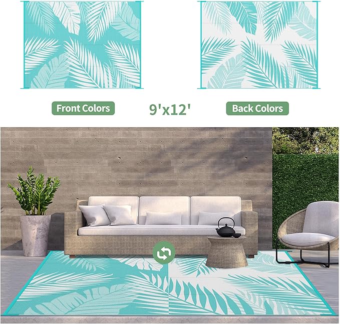 GENIMO Outdoor Rug 9' x 12' Waterproof for Patios Clearance, Reversible Outdoor Plastic Straw Camping Rug Carpet, Large Area Rugs Mats for RV, Camper, Deck, Balcony, Porch, Beach, Aqua Blue&White-HomvellaHome