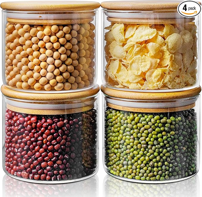 17oz - 4 Pack Glass Jars with Bamboo Lids, Glass Food Storage Containers with Airtight Lids, Air Tight Pantry Storage Containers for Coffee, Sugar, Spice, Meal Prep Jars for Salad & Fruit-HomvellaHome
